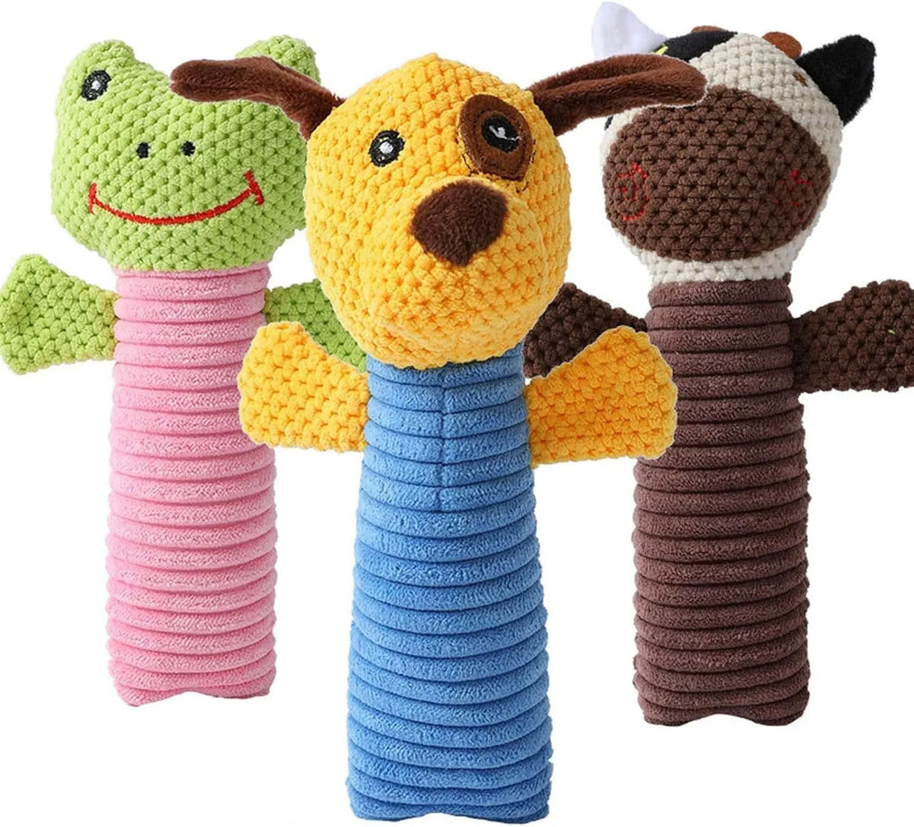 Soft plush dog squeaky toy in stuffed animal shape for dental cleaning chew.