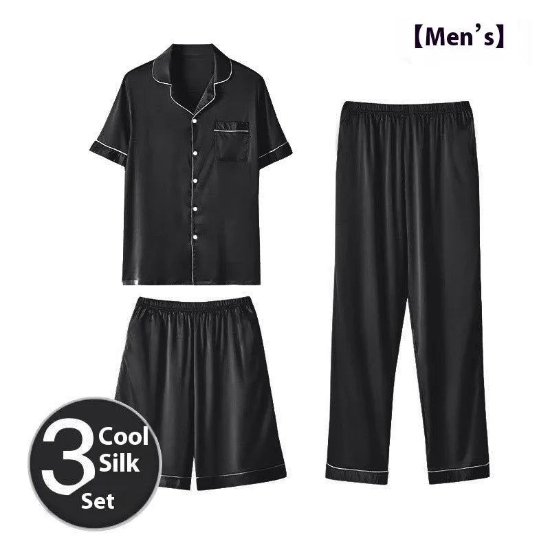 Men's ice silk three-piece home wear set showing thin fabric texture with shorts and trousers options