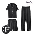 Men's ice silk three-piece home wear set showing thin fabric texture with shorts and trousers options