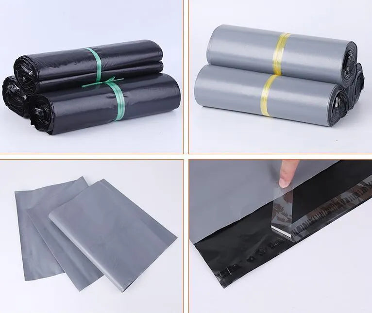 A pack of 100 clear PE courier bags for clothing with adhesive seals, shown in different sizes and colours.