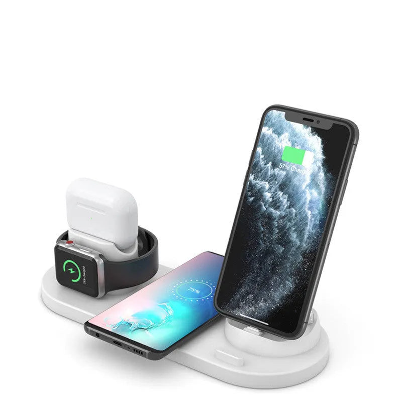 Black 6-in-1 wireless charging station holding phone with AirPods and watch charging