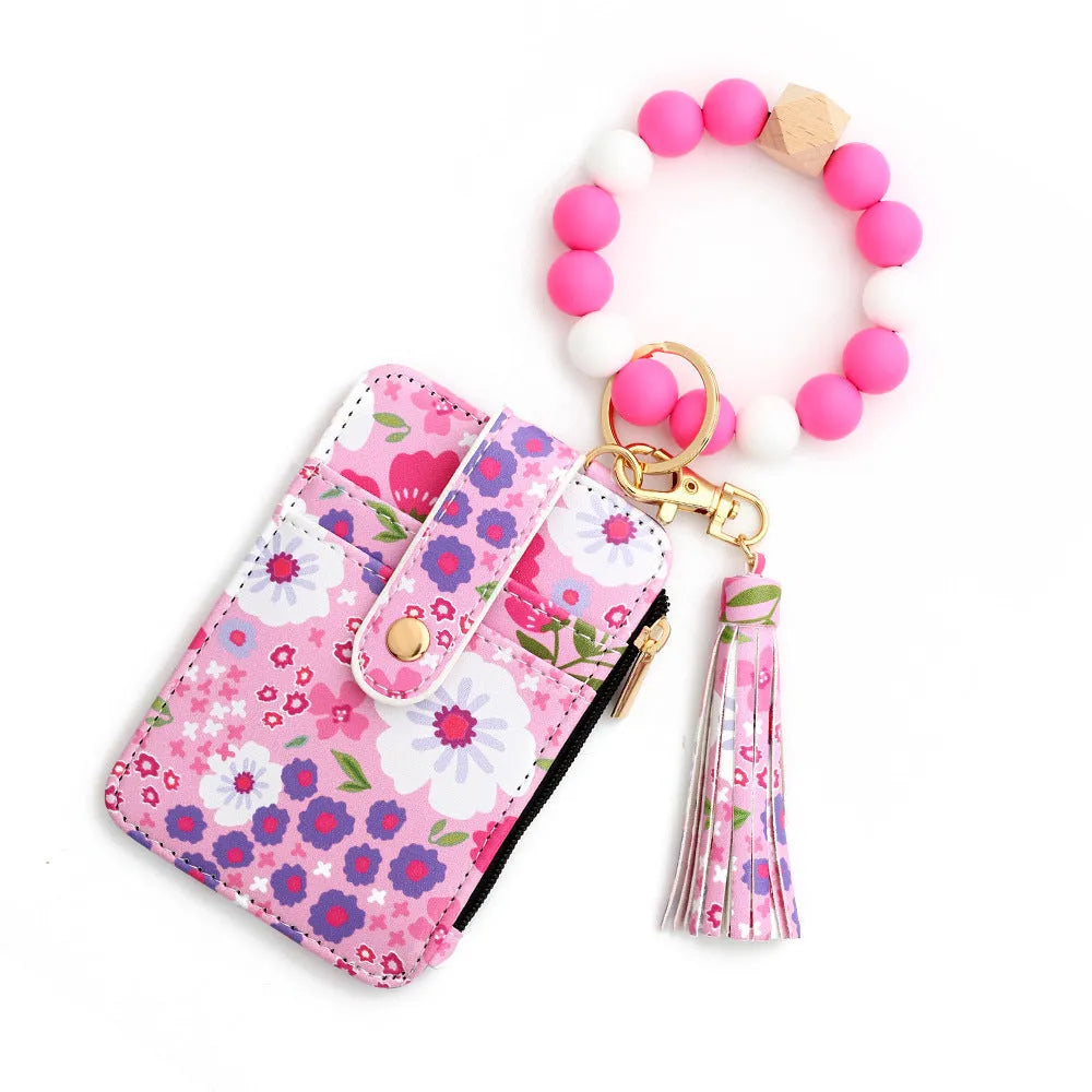 Women's floral print leather card bag in light pink, compact size 10cm x 7cm, nine colours available