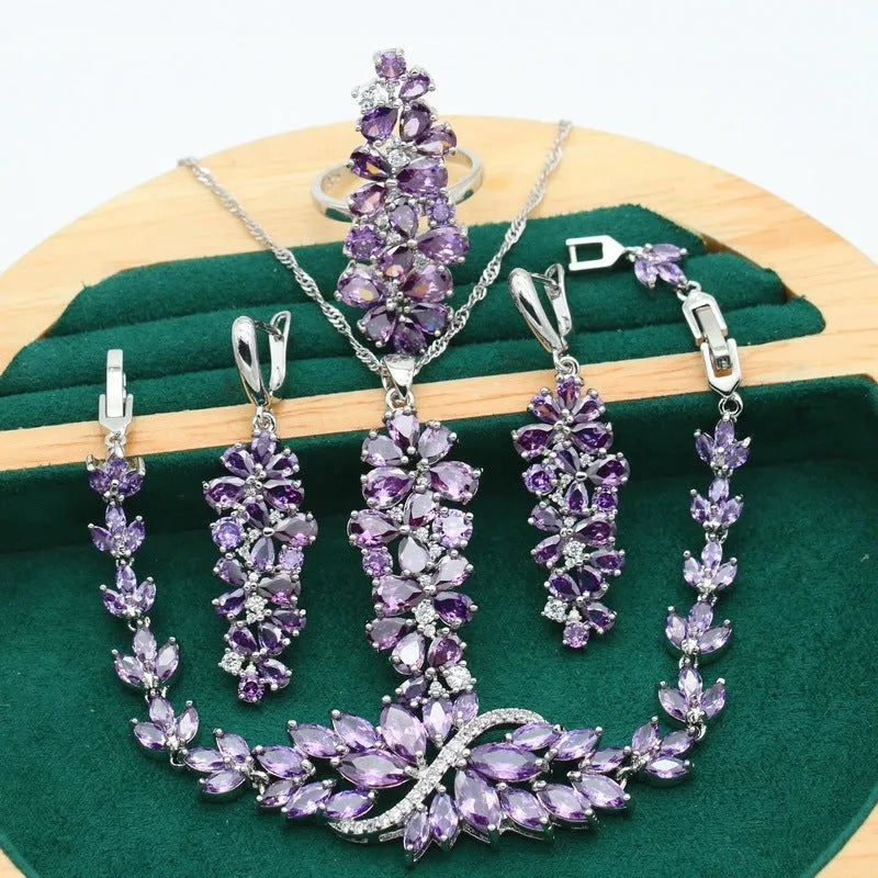 Retro olive purple floral jewellery set with alloy pendant, copper zircon necklace, bracelet, earrings, and ring