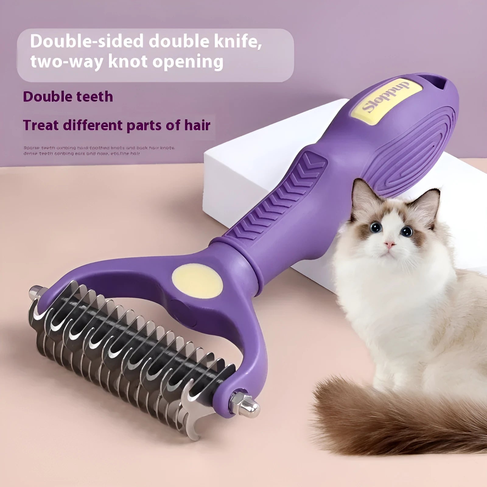 Purple double-sided plastic pet comb for detangling dog and cat fur knots