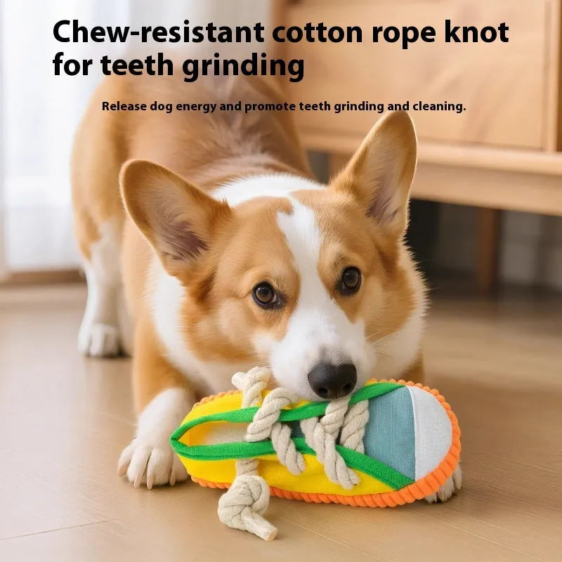 Plastic dog slippers toy in rock yellow, black, and sea fog blue colours with sound feature.