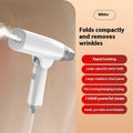 Blue and white handheld garment steamer with steam iron function, showing compact size and water tank