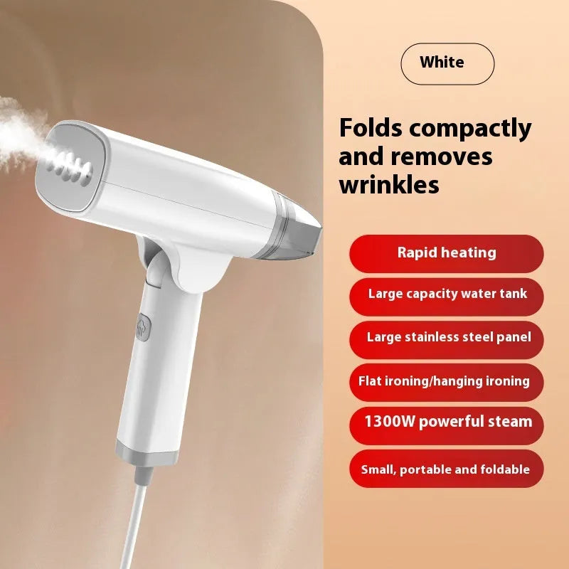 Blue and white handheld garment steamer with steam iron function, showing compact size and water tank