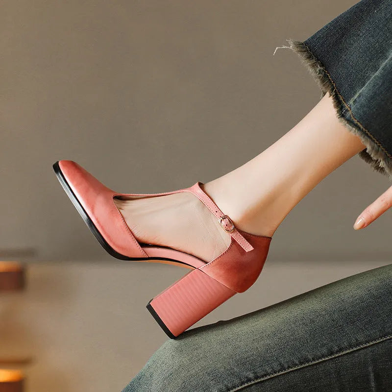 Baotou hollow women's shoes in pink and dark brown, showing pointed toe Mary Jane style with buckle.