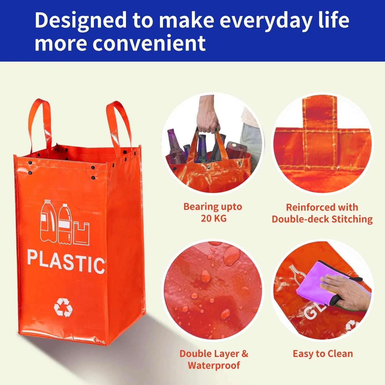 Blue 40-litre plastic handbag-style garbage bin with dimensions 30cm by 50cm by 30cm.