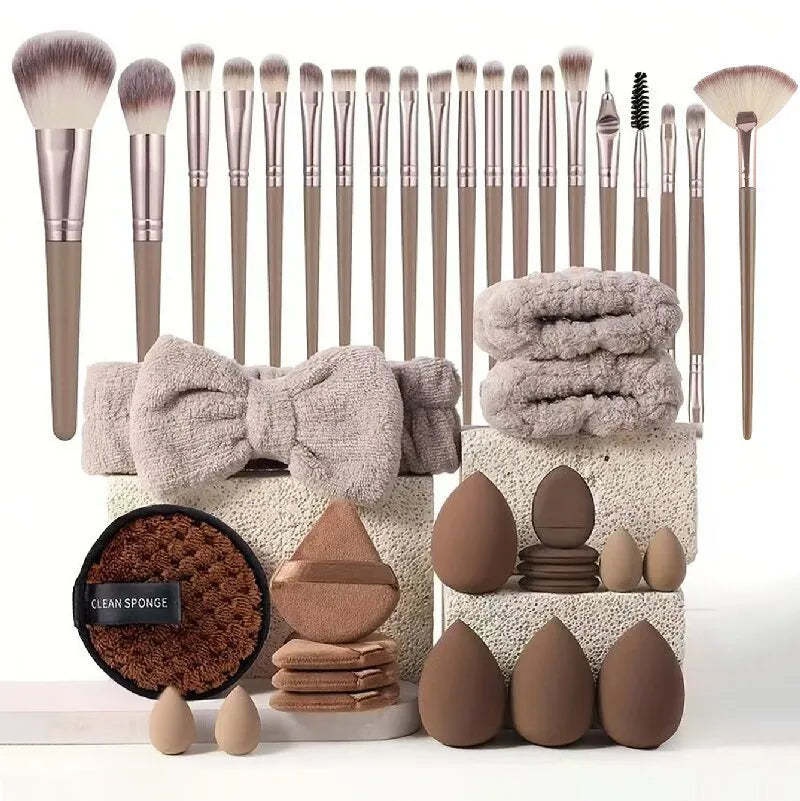 40-piece beauty tools set with hydrophilic non-latex face wash and makeup tools in brown, pink and purple colour options