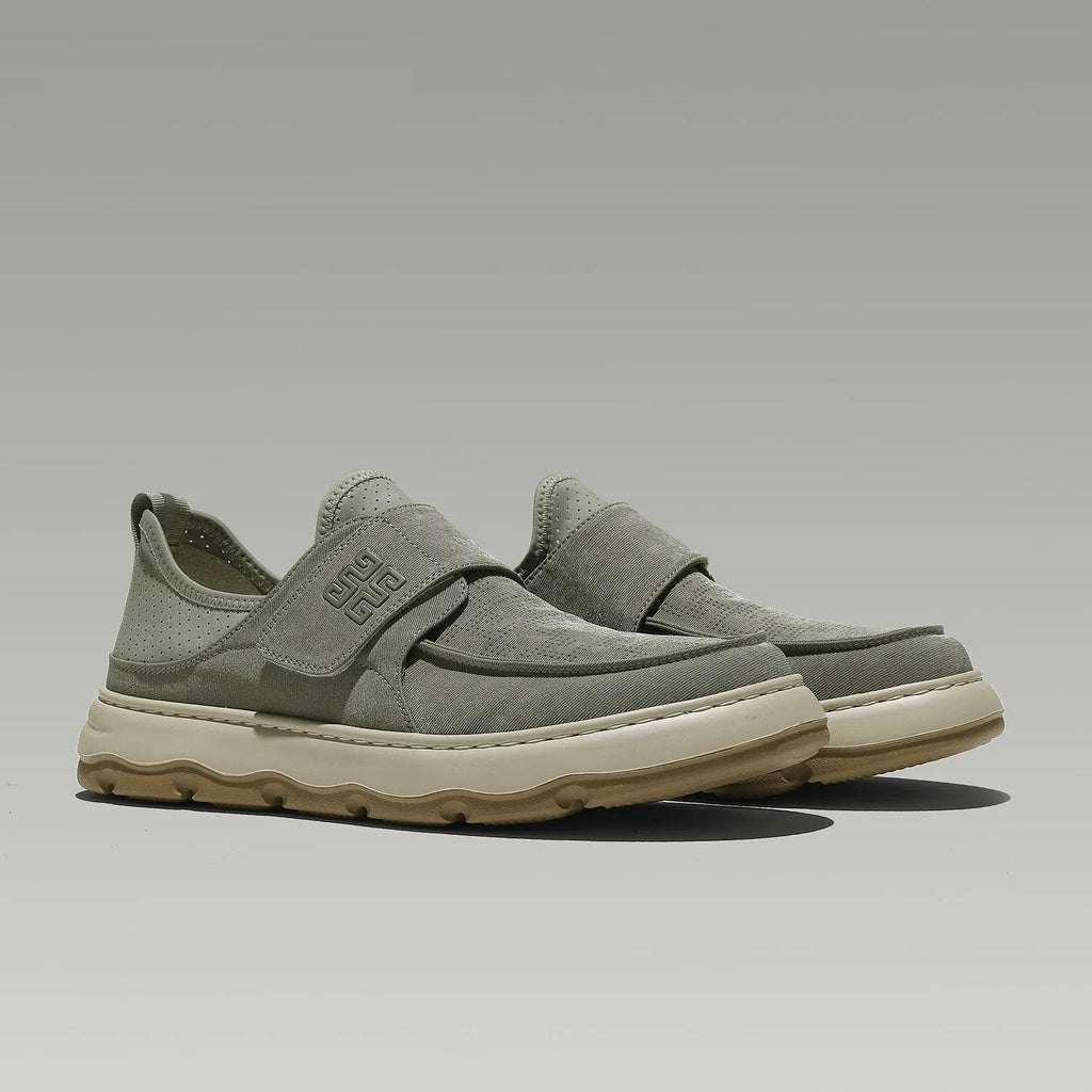 Men's breathable perforated fabric casual shoes in khaki green with Velcro closure and round toe