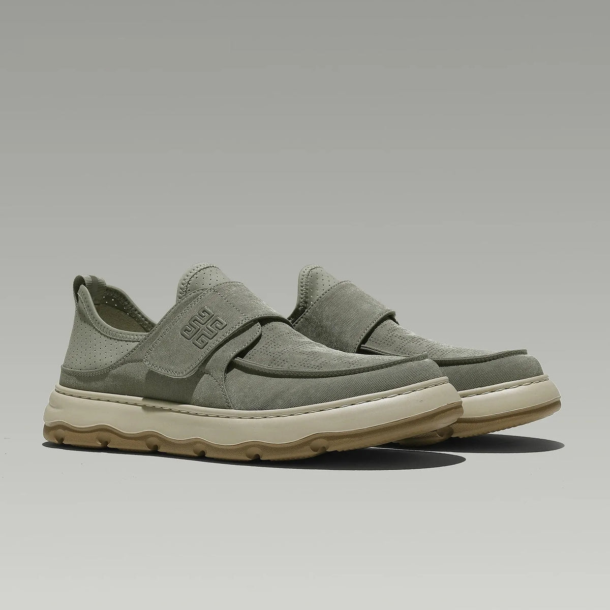 Men's breathable perforated fabric casual shoes in khaki green with Velcro closure and round toe