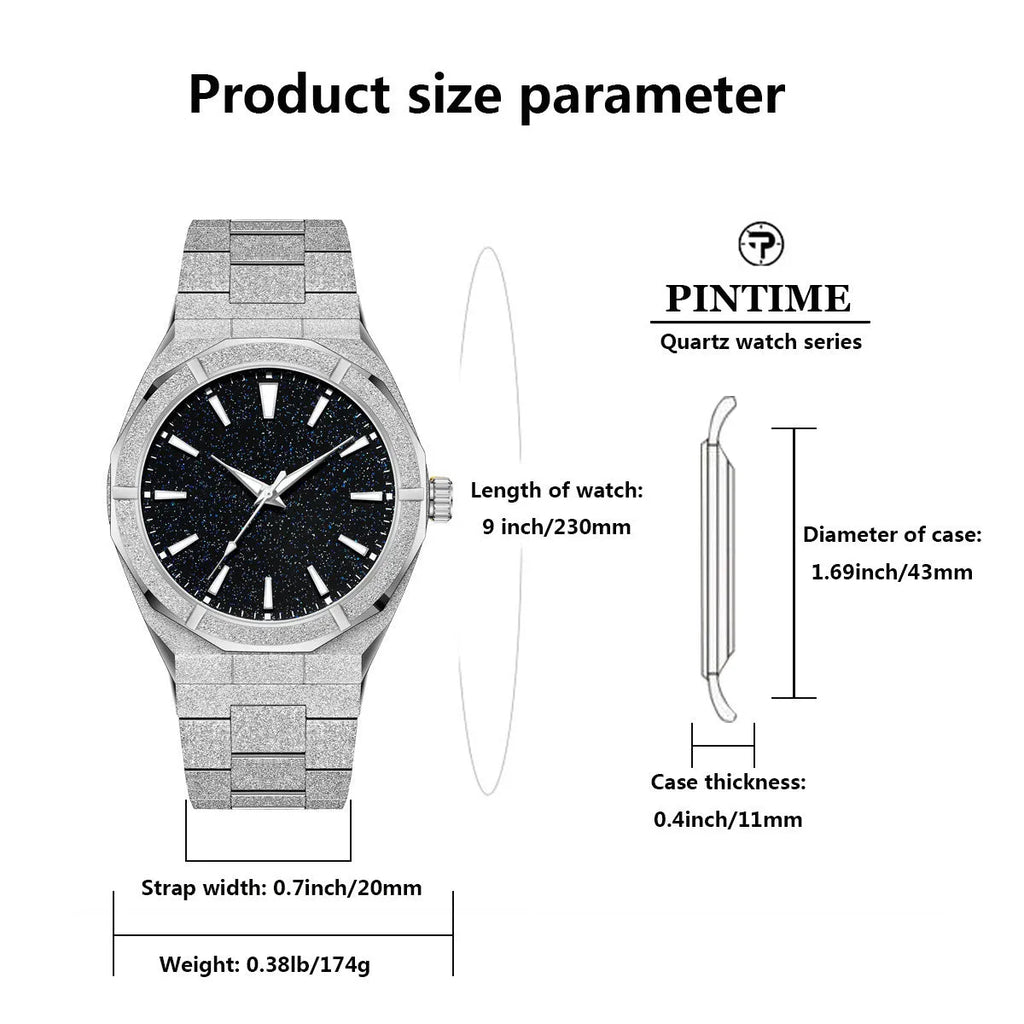 Men's stainless steel business watch with frosted case and luminous markers in silver, gold or black