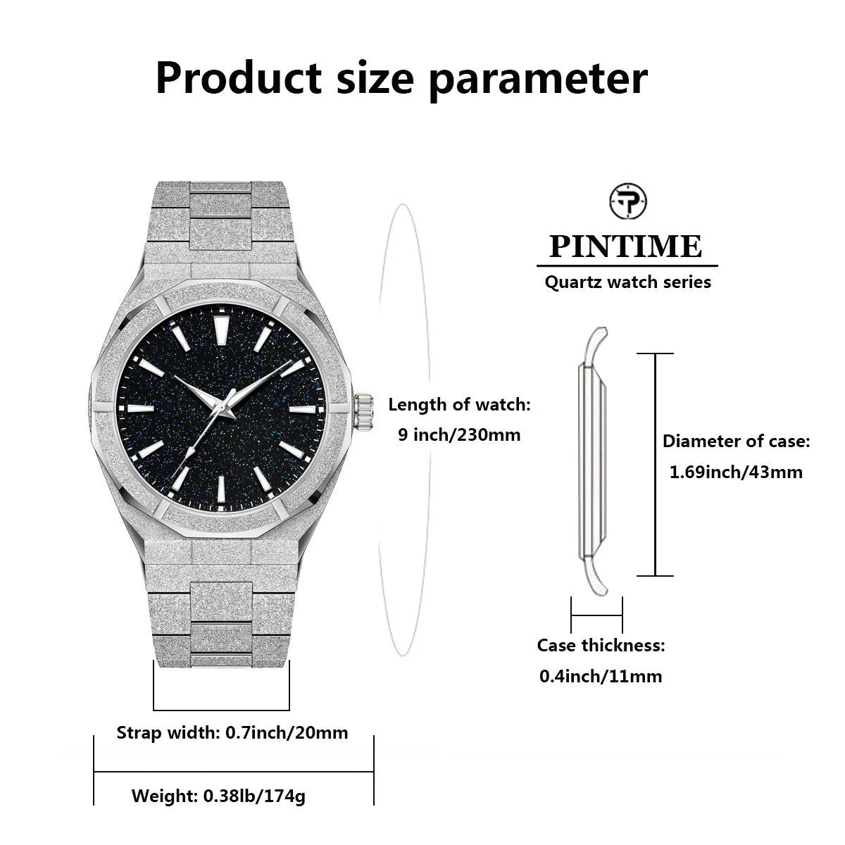 Men's stainless steel business watch with frosted case and luminous markers in silver, gold or black
