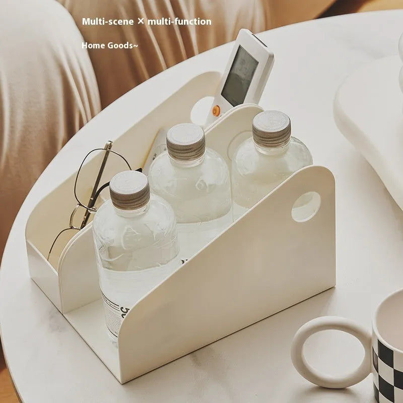 Plastic desktop storage organiser with two tiers in milk coffee colour on a desk