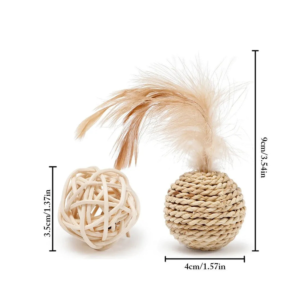 Two cat toys: hollow rattan ball and faux feather bell ball for interactive pet play.