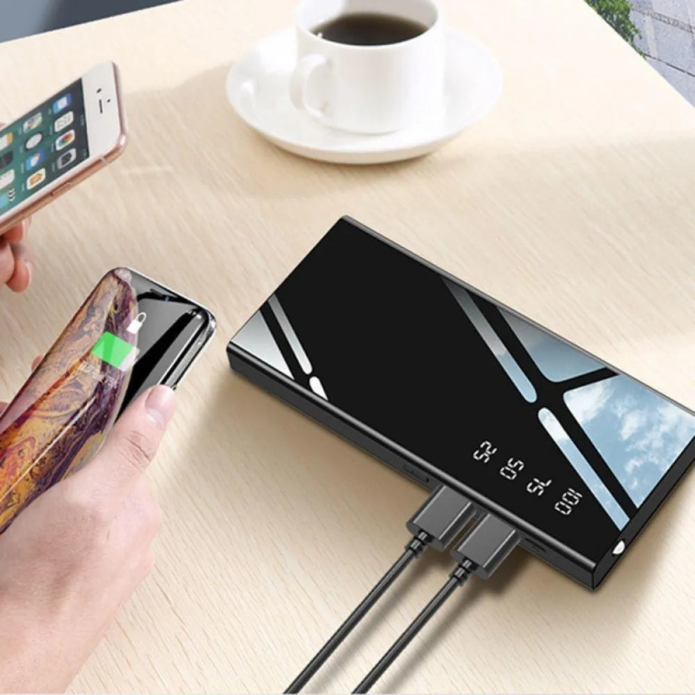20000mAh portable power bank with LCD display and dual USB ports in black, red or white
