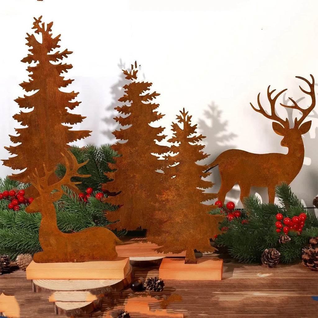 Set of three rustic metal Christmas tree elk ornaments with distressed iron finish.