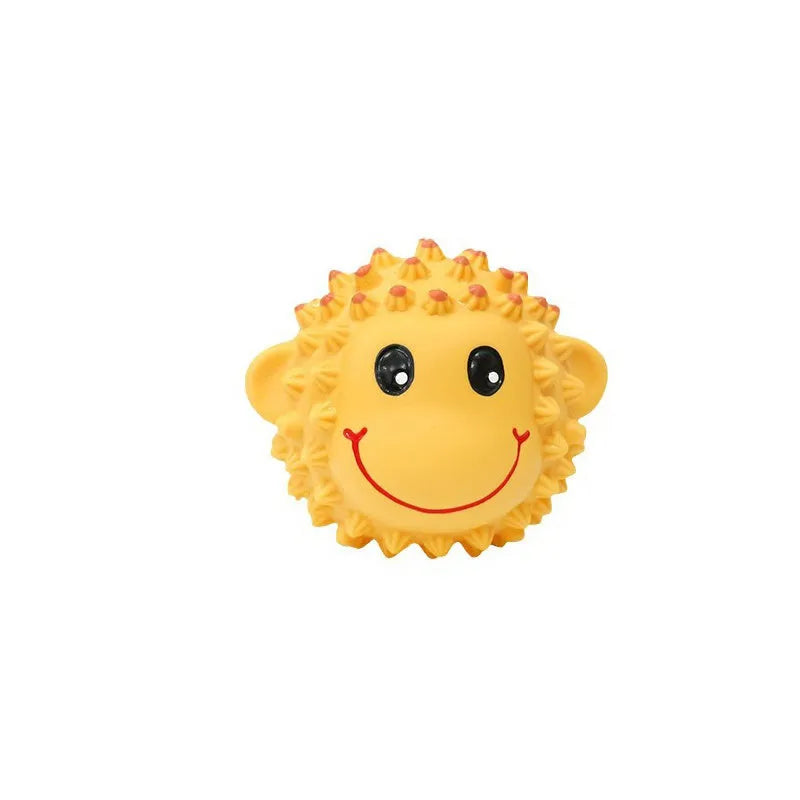 Orange and yellow spiky latex dog toy with animal design for small medium breed teeth cleaning