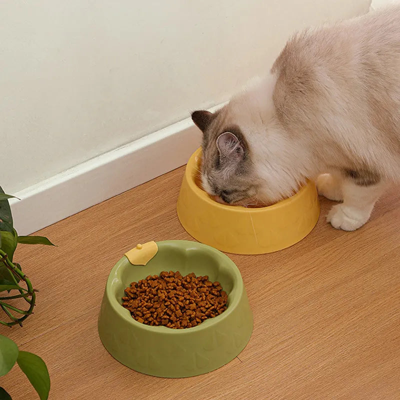 Green plastic double pet bowl for cats and dogs with anti-tipping base and separate food and water compartments