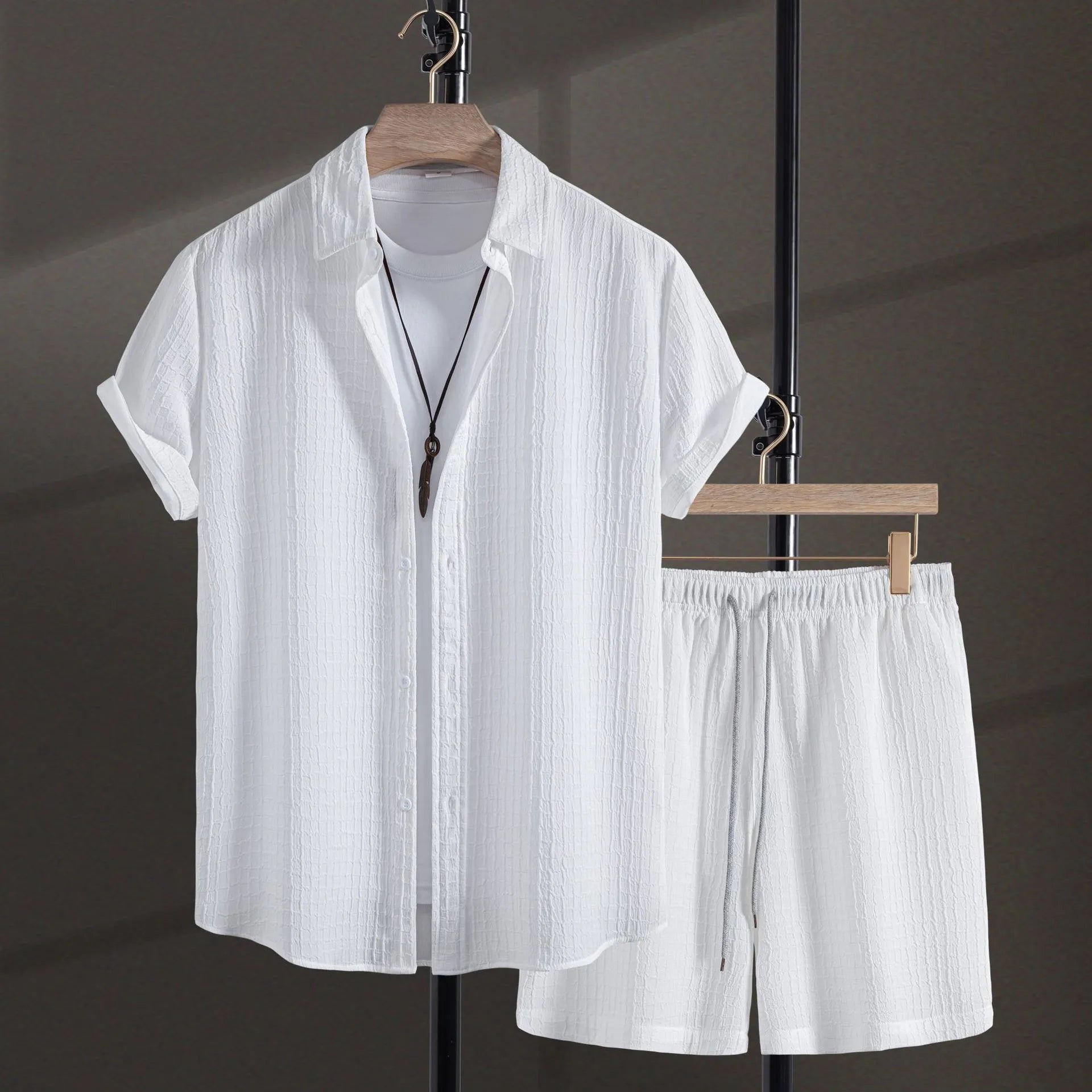 Men's white jacquard fabric short sleeve shirt and matching shorts casual set