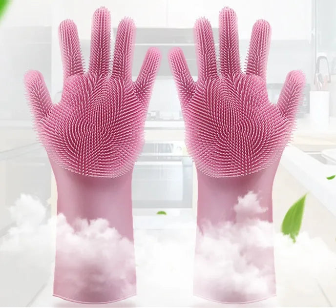Silicone heat-resistant cleaning gloves with sponge texture for scrubbing dishes