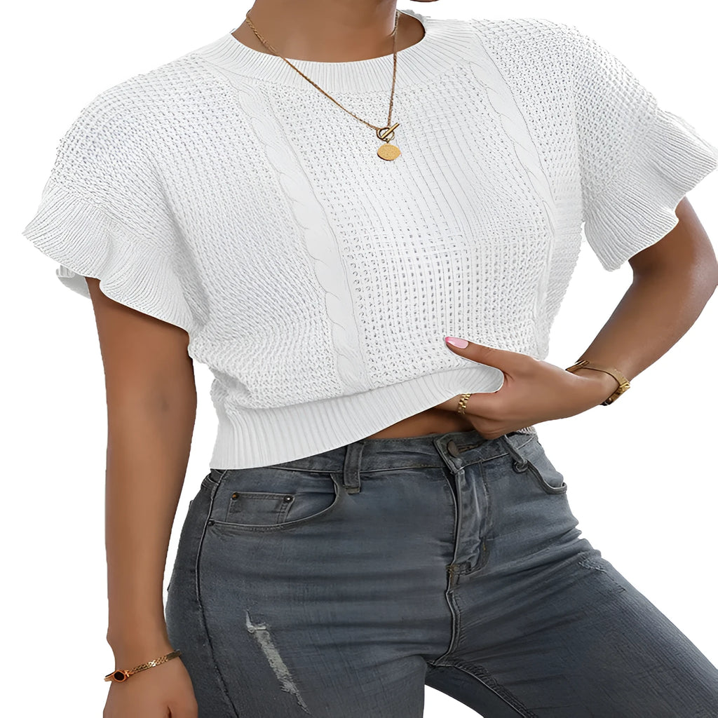 Knitted pullover sweater with twisted string ruffled short sleeves and round neck in loose casual style