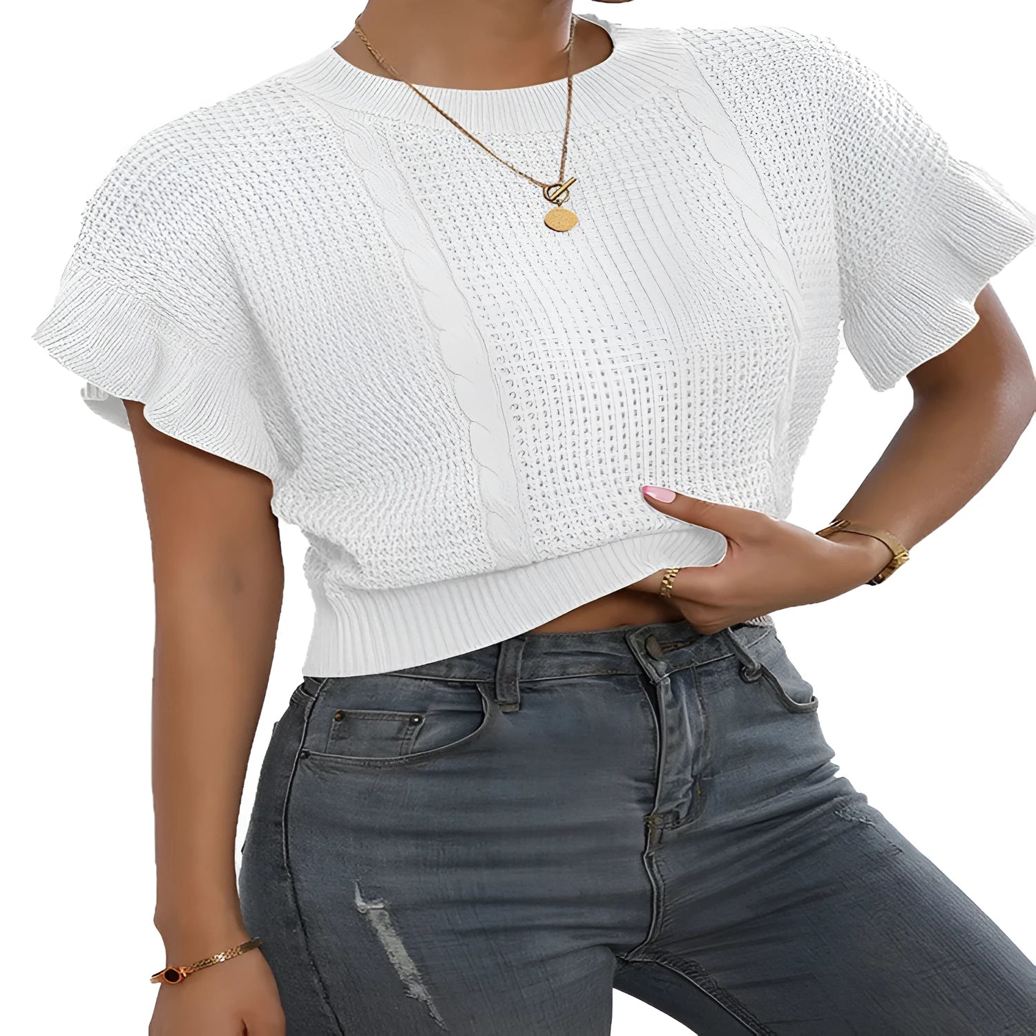Knitted pullover sweater with twisted string ruffled short sleeves and round neck in loose casual style