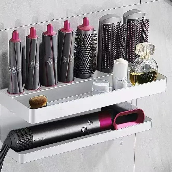 White aluminium punch-free bathroom storage rack with dual layers for hair curlers