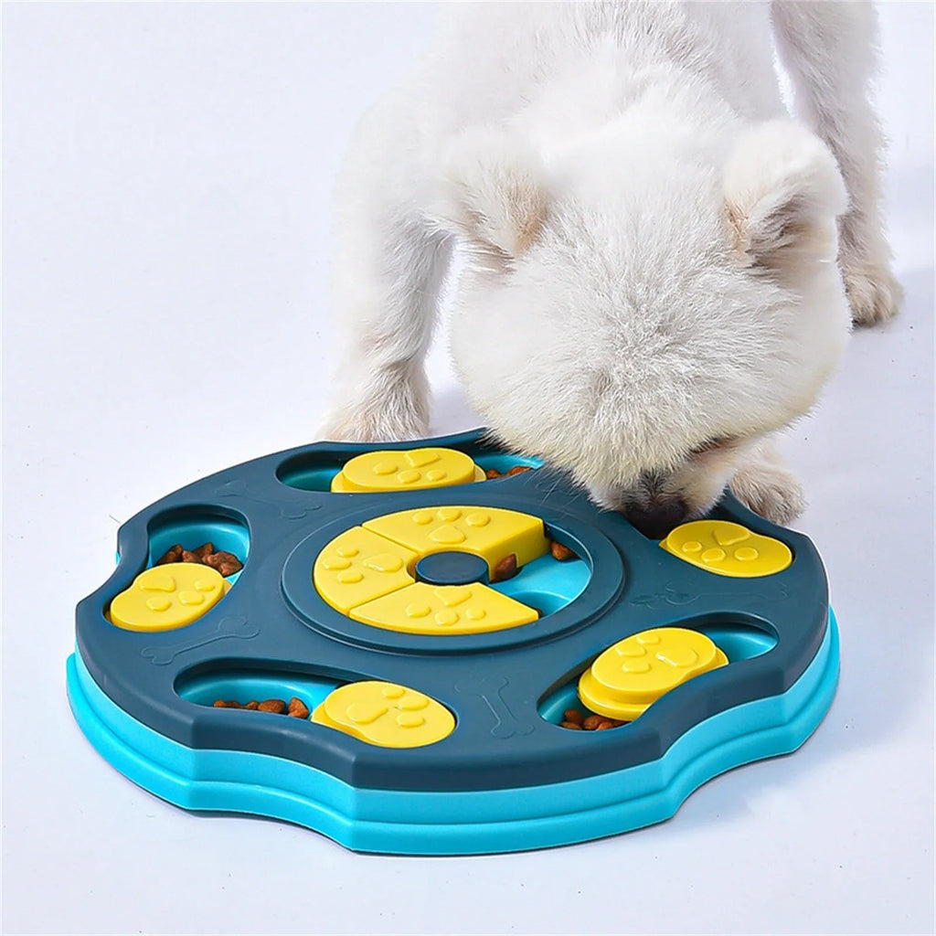 Blue dog puzzle food bowl with sliding compartments for interactive feeding games