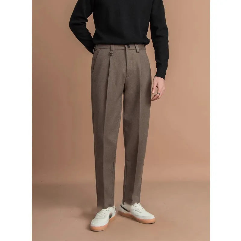 Men's straight-leg polyester pants in black with draped business casual design
