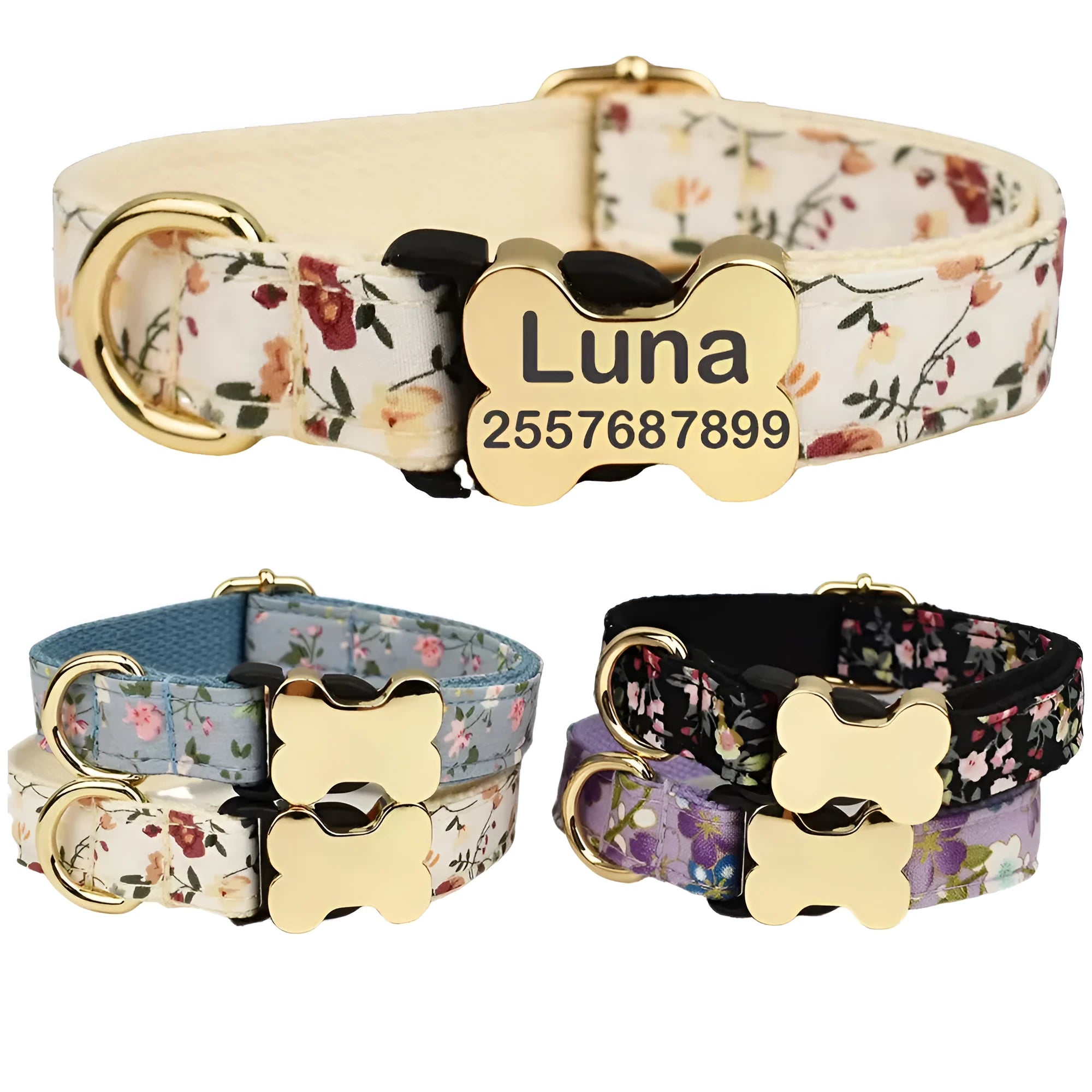 Flat nylon dog collar with a printed grid pattern and a silver bone-shaped metal buckle.
