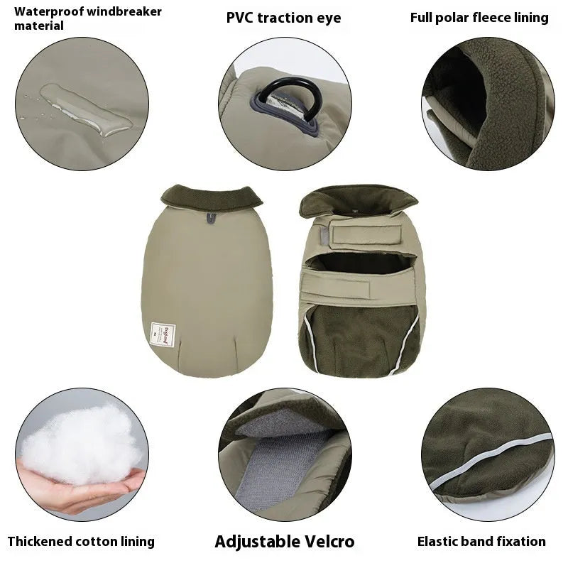 Lapel turtleneck dog cotton-padded vest in khaki green, side view on small breed dog, cold-proof warm pet clothing