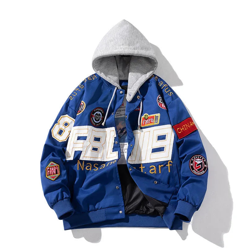 Black American motorcycle baseball jacket with removable hood and side pocket on a mannequin.