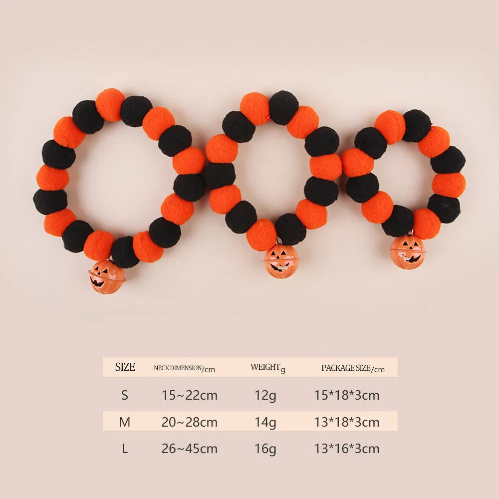 Orange Halloween pumpkin print cat collar with black cat silhouette and green stem.