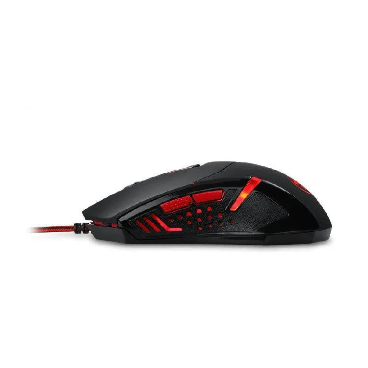 Black and red wired USB gaming mouse on a desk