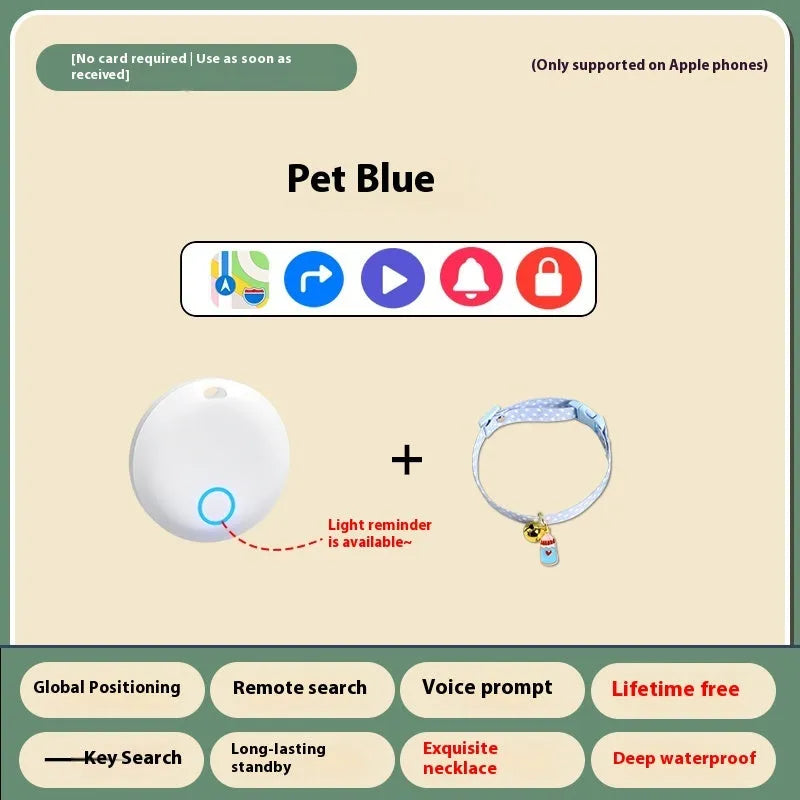 Pet GPS tracking device attached to a dog collar with smartphone app display showing location.