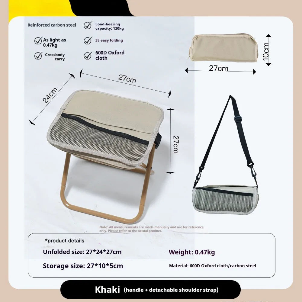 Foldable outdoor camp stool in Oxford cloth, shown in a khaki colour, compactly folded with carry handle.