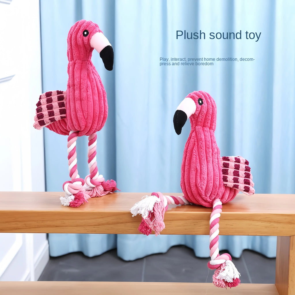 Pink corduroy animal-shaped dog toy with squeaker for chewing play