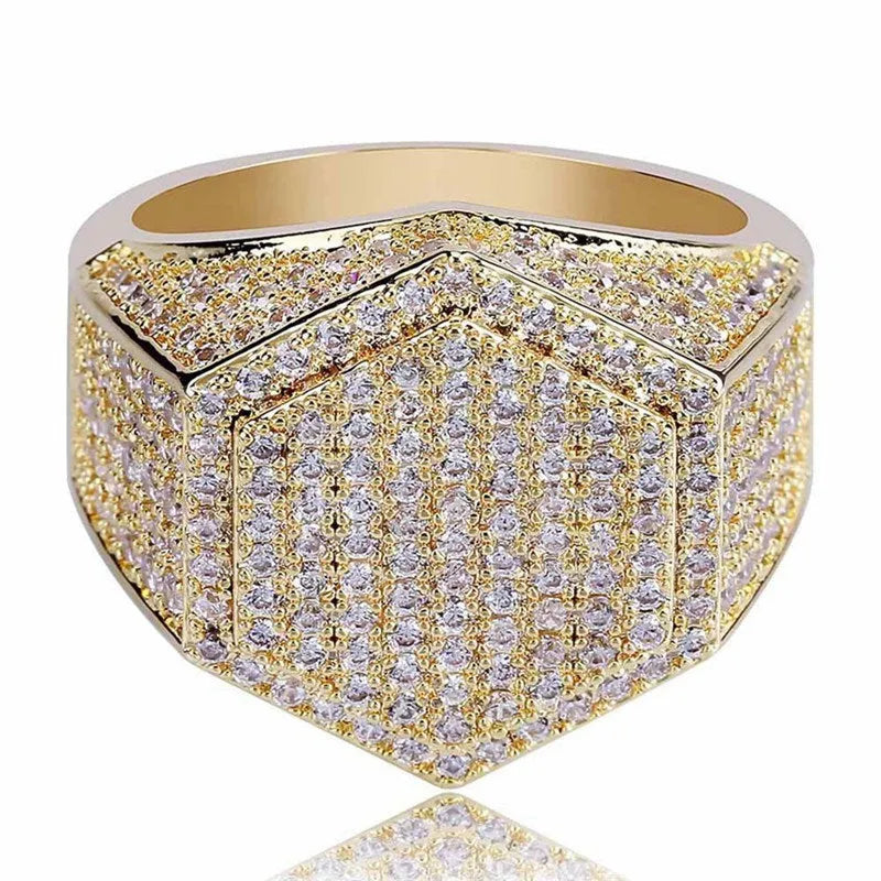 Square hip hop ring with micro pave CZ stones in silver colour on hand