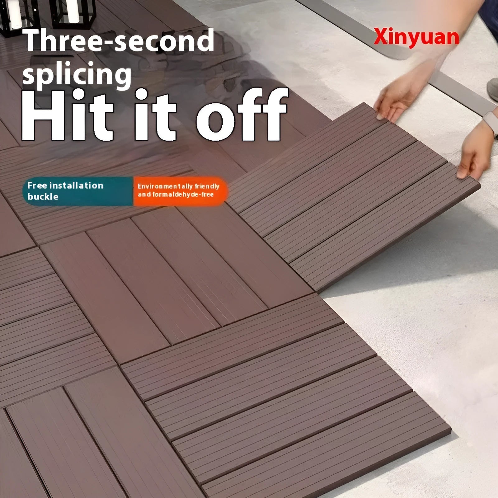 Ten wood grain plastic floor tiles showing non-slip surface and splicing edges.