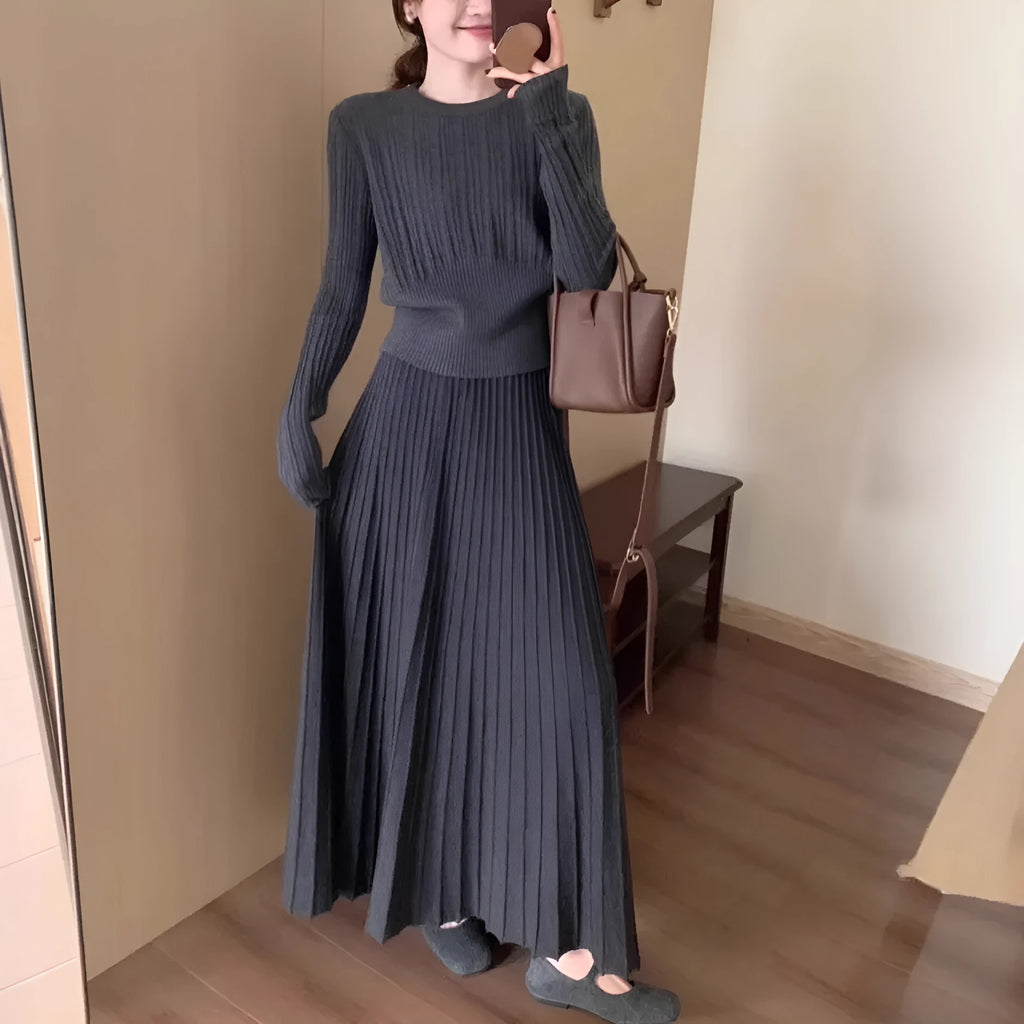 Gray knitted dress suit two-piece set with artistic retro style, free size, dark gray colour