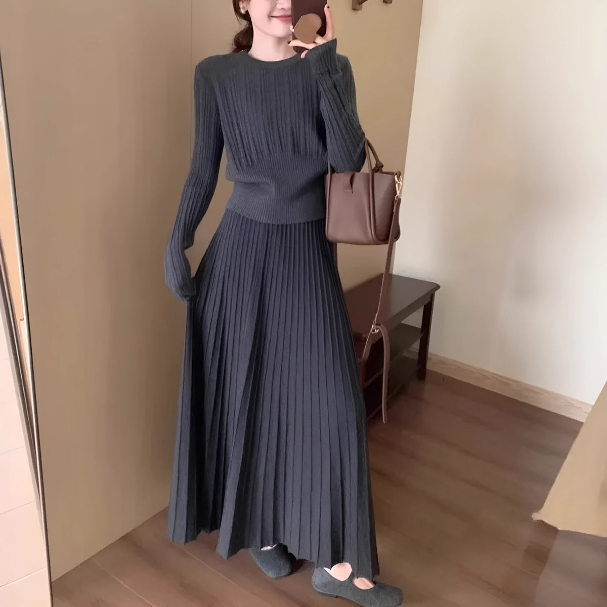 Gray knitted dress suit two-piece set with artistic retro style, free size, dark gray colour