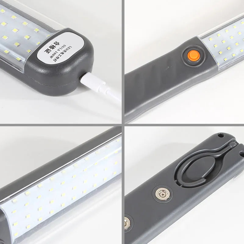 Grey multifunctional LED work light with magnetic base and 360° rotation on a metal surface