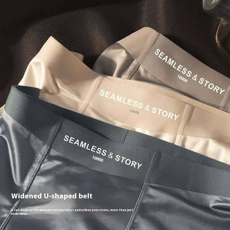 Men's satin underwear in Ice Silk fabric on a mid-waist mannequin, showing coffee, light grey and blue colour options.
