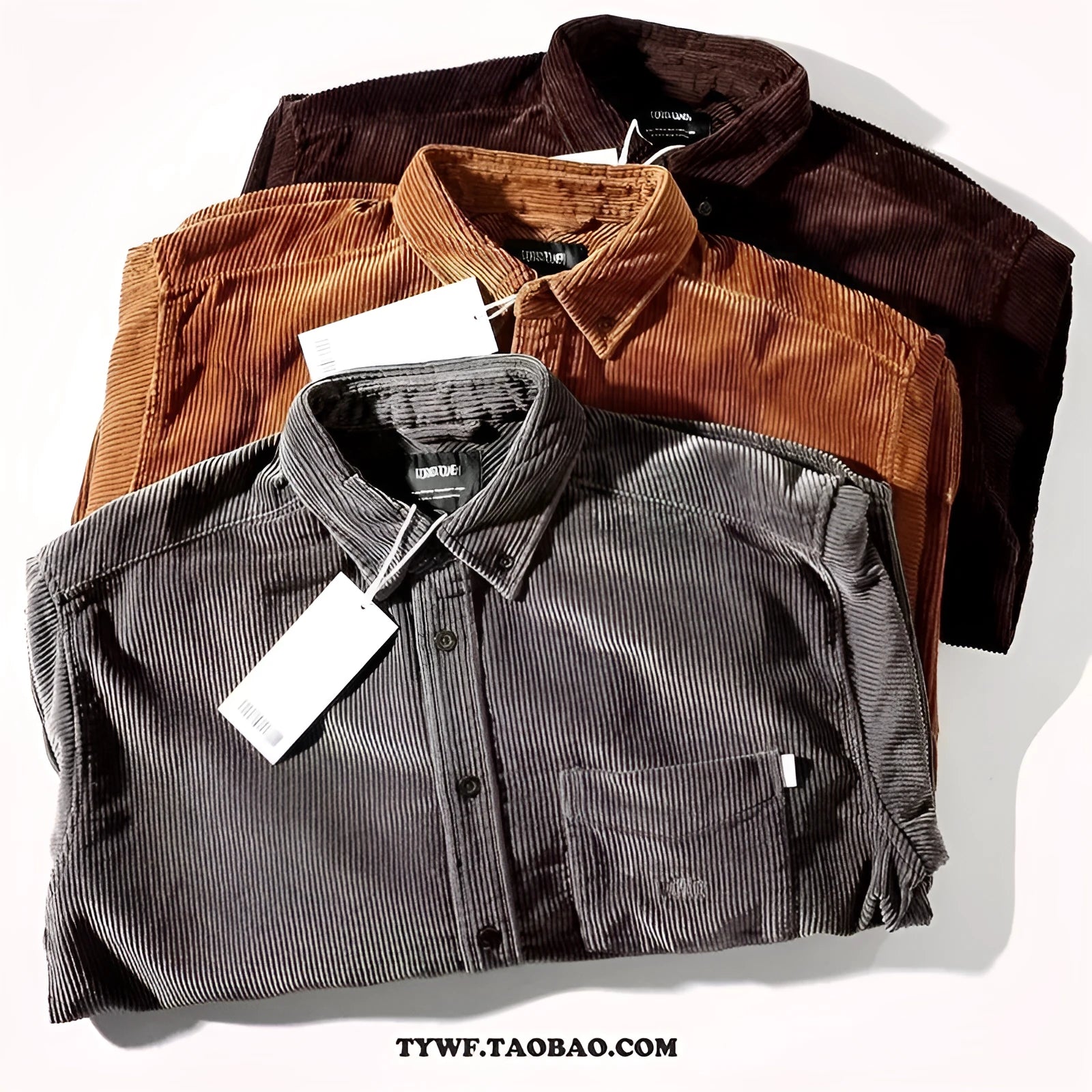 A caramel-coloured loose-fit corduroy long sleeve shirt laid flat, showing its cardigan-style cut and textured fabric.