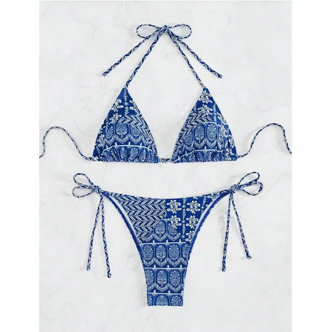 Women's polyester split bikini swimsuit with bandage-style stitching in multiple colour options