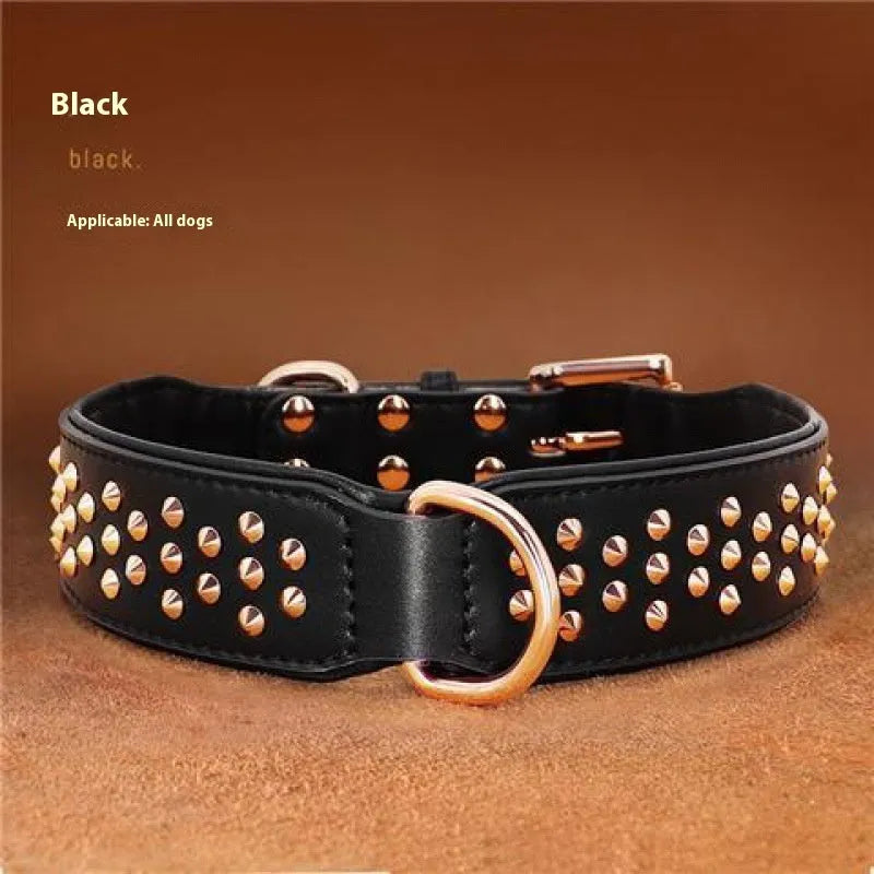 Leather dog collar with visible rivets in black, chocolate or pink for medium to large breeds
