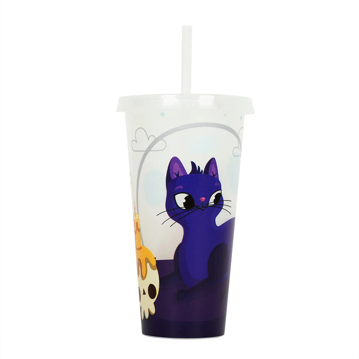 A tall 720ml plastic Halloween-themed cup with a luminous straw, shown in one of six available colours.