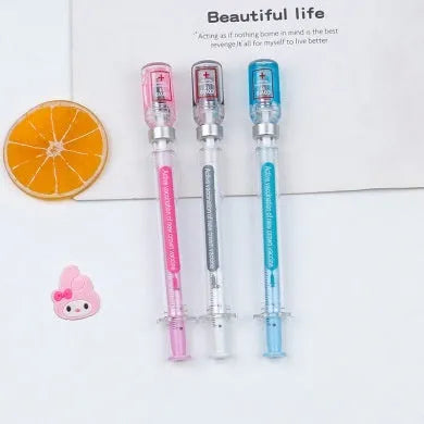 Vaccine themed gel pen with plastic cap, black 0.5mm refill, showing 15.7cm length.